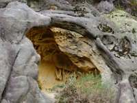 DSC9750 DxO  Les cavités sont tapissées de dentelles versicolores. Elles résultent de la circulation des fluides à travers les grès riches en oxydes de fer et autres métaux.